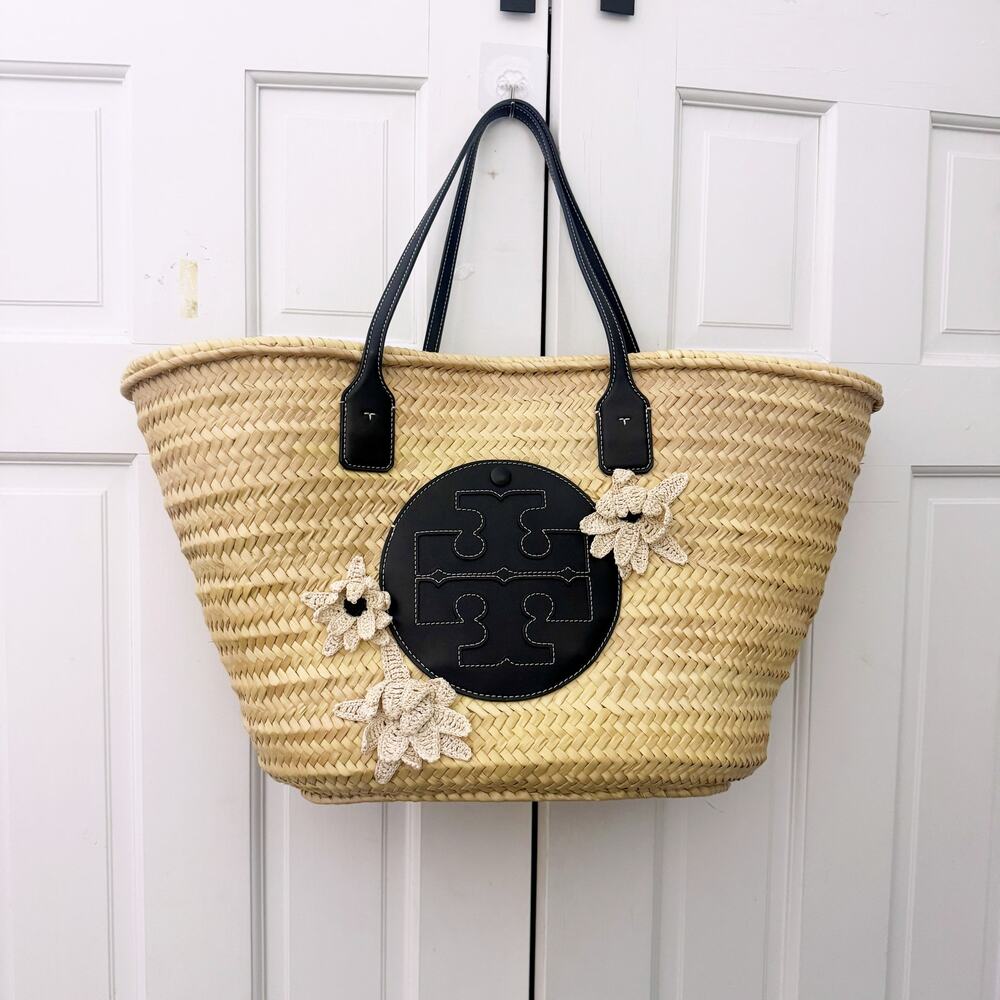 Tory Burch Ella Straw Floral Basket Tote Bag - Picture 2 of 14